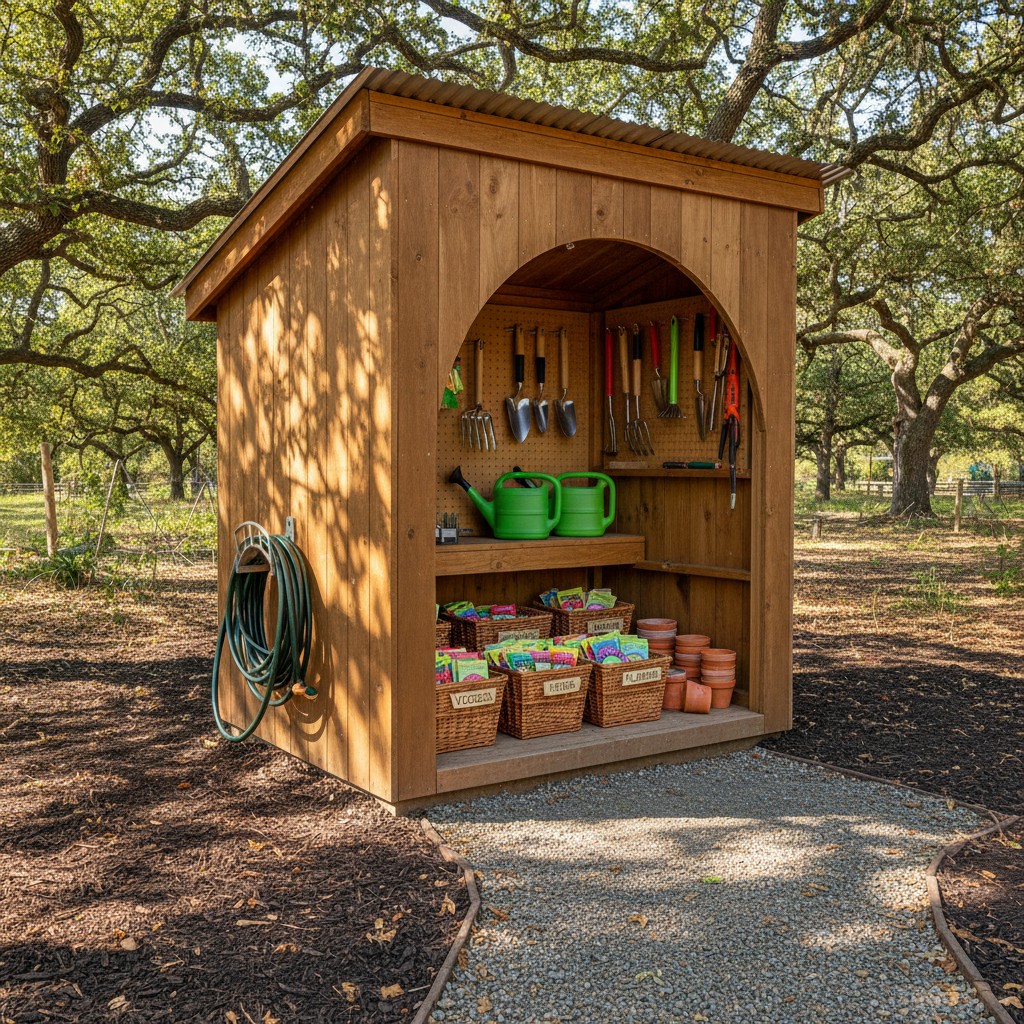 The image shows a wooden outdoor shed with gardening tools and supplies like seed packets and pots.