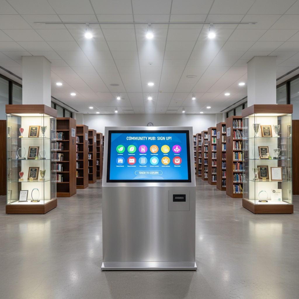 A silver kiosk with a touchscreen display, set against a library background with shelves of books and trophies on display,...