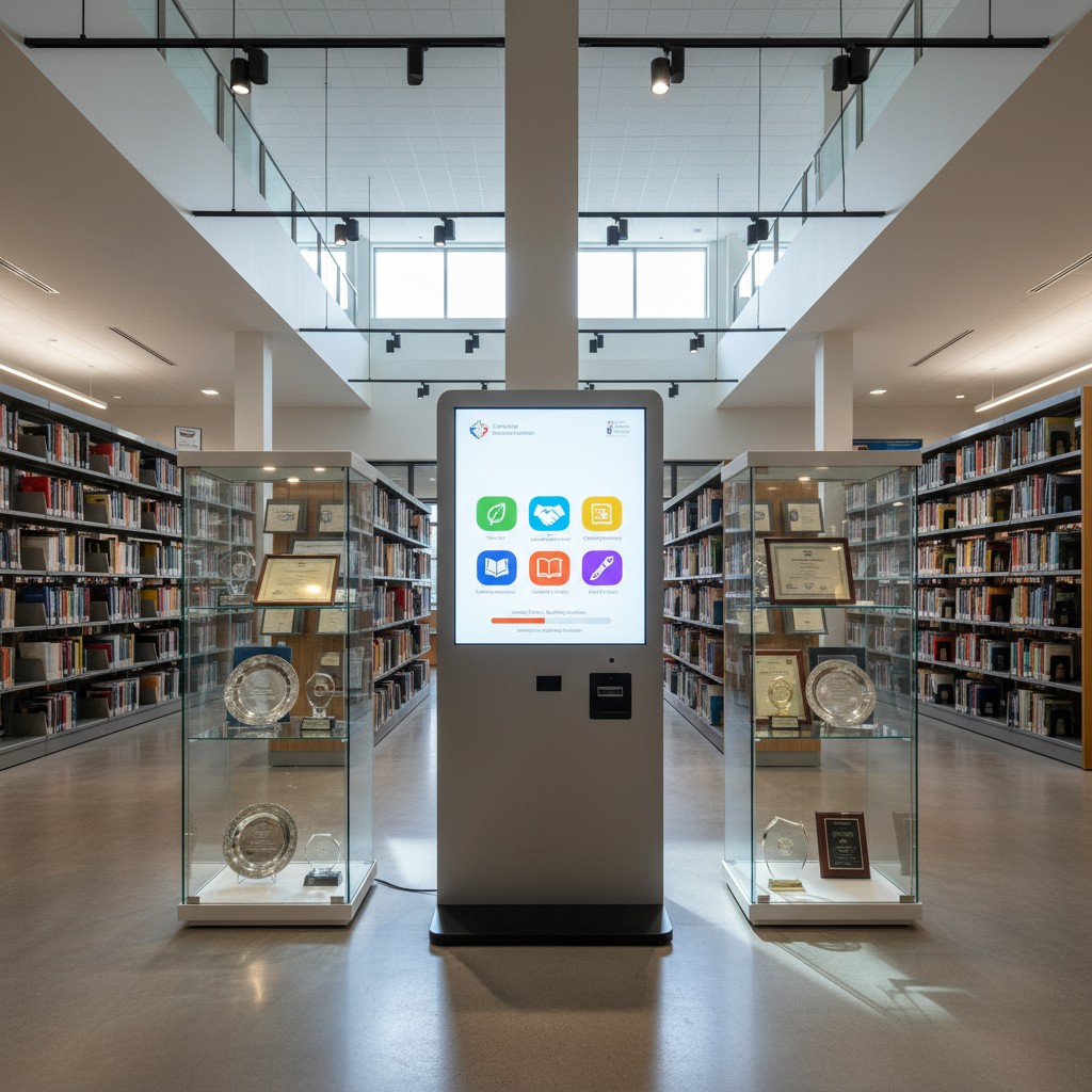 A large, modern information kiosk stands in the center of a brightly lit library. The kiosk is grey and tall, with a wide ...