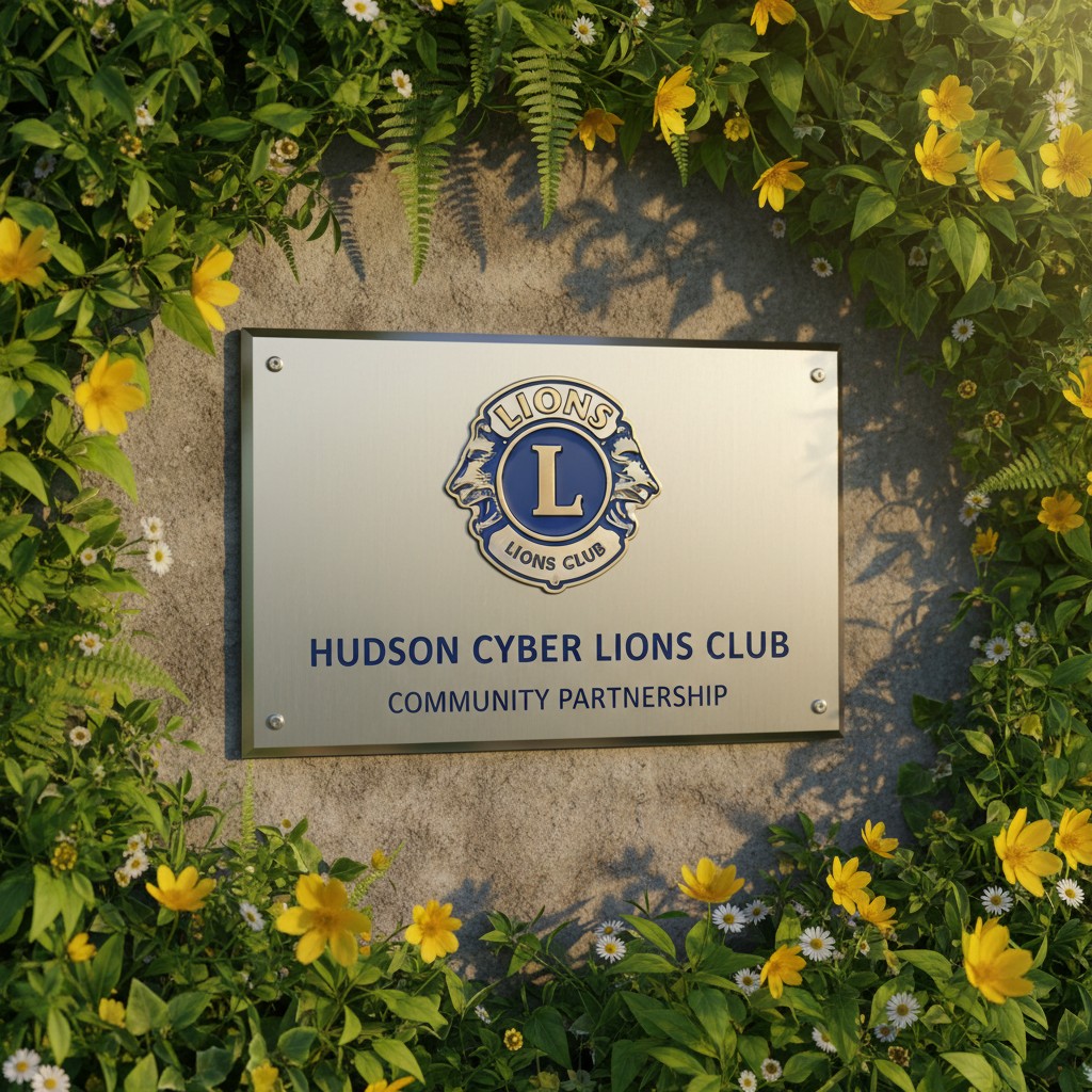 A sign with the words "Lions" and a lion logo, set against a backdrop of flowers and is labeled "Hudson Cyber Lions Club" ...