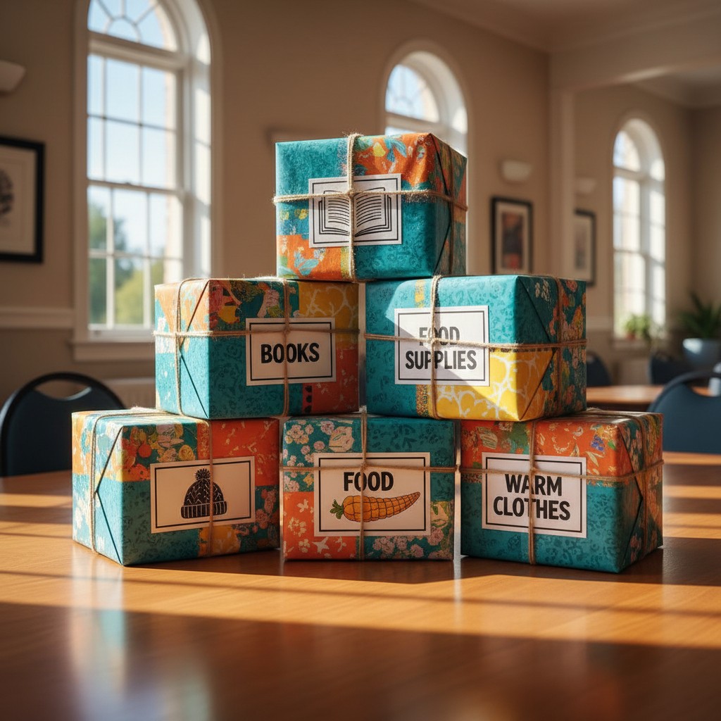 Piles of wrapped packages in a room with arched windows, suggesting donations for the holiday season.