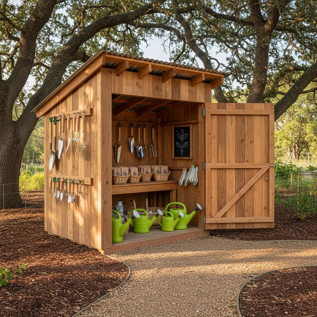 A wooden garden shed with gardening tools and plants is pictured during daylight and surrounded by trees. The shed, situat...
